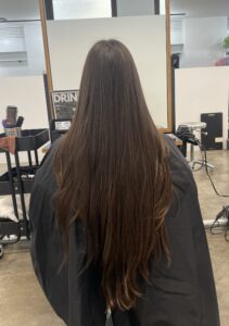 Before picture from the back. Long dark brown hair.