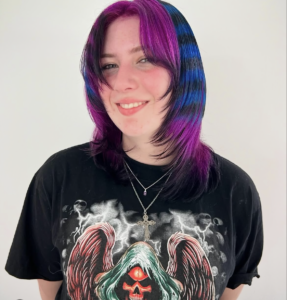 High-contrast blue and black raccoon tail stripes on a graphic face framing.