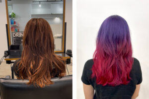 Side-by-side transformation from caramel brown to a vivid purple-pink ombré.