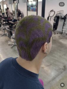 Men's purple buzz cut with a detailed olive green spider web design, styled at Assort Osaka.